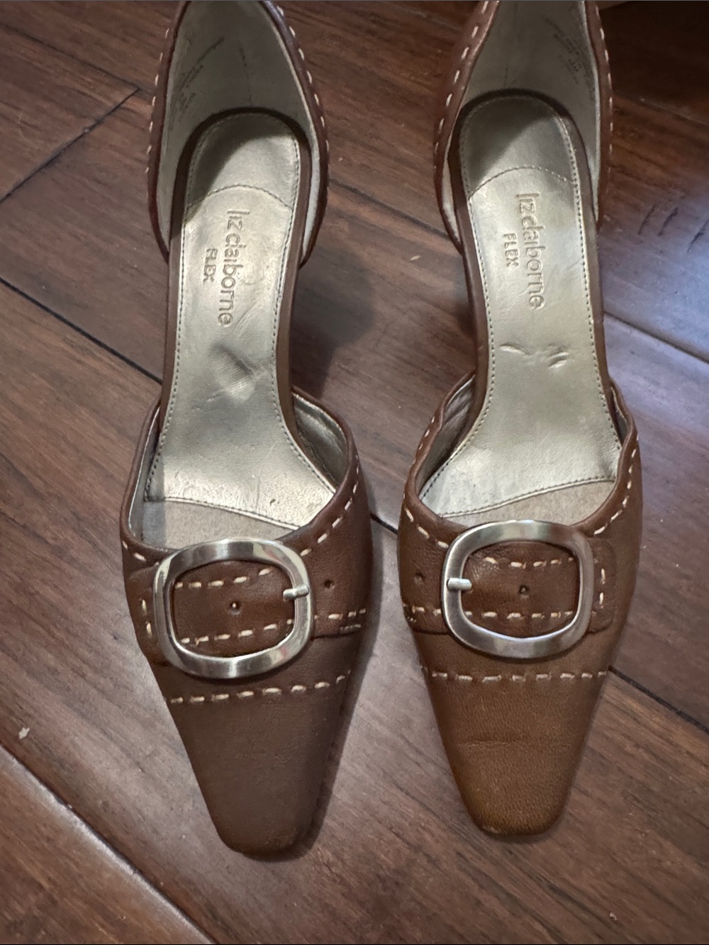 Liz Claiborne Tan Brown Leather Buckle Pointed Flats